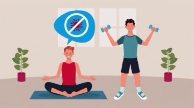 Covid19 önleme yöntemi için evde yoga ve egzersiz yapan erkekler
