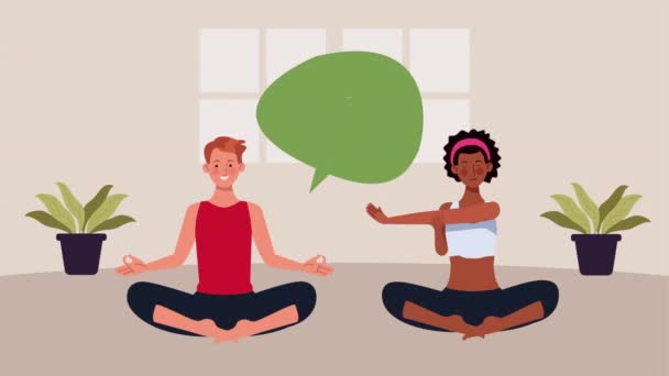Casal interracial praticando ioga em casa para o método de prevenção covid19 — Vídeo de Stock