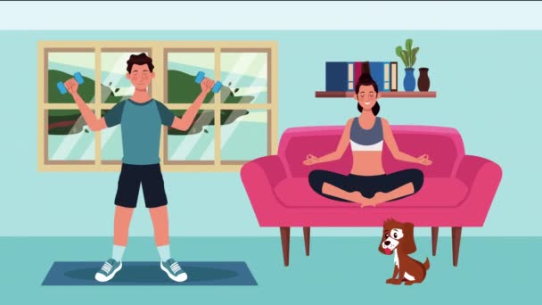 Ζευγάρι πρακτική γιόγκα και άσκηση στο σπίτι για covid19 μέθοδο πρόληψης — Αρχείο Βίντεο
