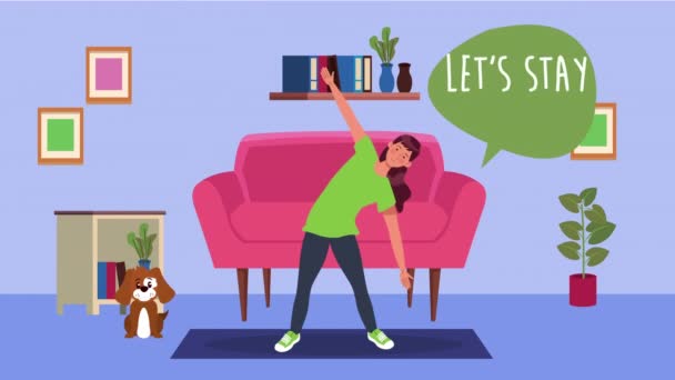 Mujer practicando ejercicio en casa para covid19 método de prevención — Vídeo de stock
