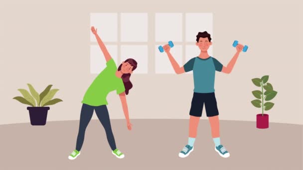 Pareja practicando ejercicio en casa para covid19 método de prevención — Vídeos de Stock