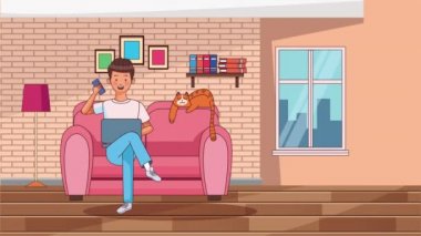 Kovid19 önleme yöntemiyle evden kanepeye çalışan bir adam.