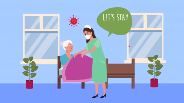 Ηλικιωμένη γυναίκα στο κρεβάτι με νοσοκόμα διαμονή στο σπίτι για covid19 μέθοδο πρόληψης — Αρχείο Βίντεο