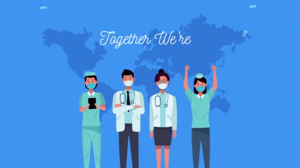Медицинский персонал с вместе мы непобедимая кампания сообщения — стоковое видео