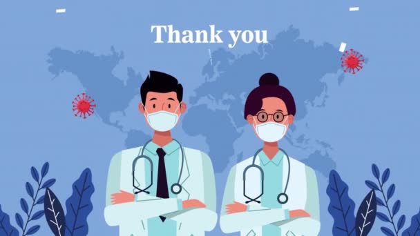 Lékaři pár s poděkováním lékaři a sestry vzkazová kampaň — Stock video