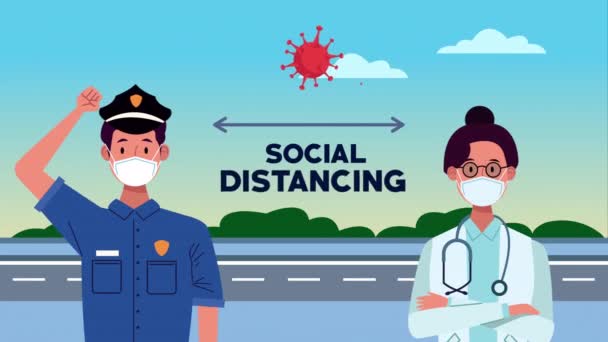 社会的距離のメッセージキャンペーンのある警察と医者は — ストック動画
