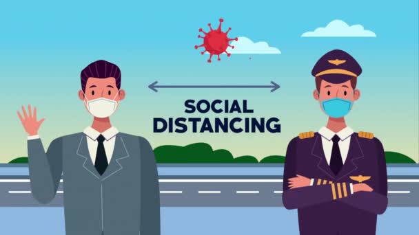 Бизнесмен и пилот с кампанией социального дистанцирования — стоковое видео