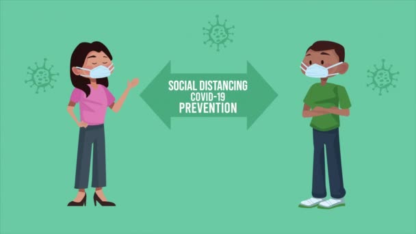 Casal interracial com distanciamento social covid19 campanha mensagem de prevenção — Vídeo de Stock
