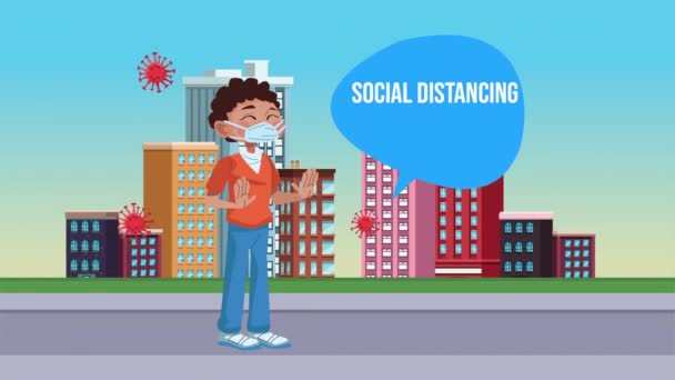 Man met sociale afstand19 preventieboodschap campagne over de stad — Stockvideo