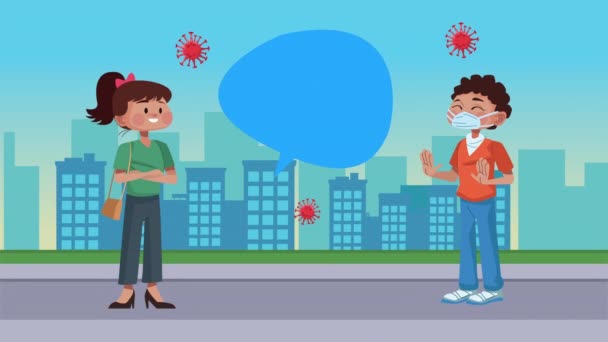 Paar mit sozialer Distanzierung19 Präventionsbotschaft an die Stadt — Stockvideo