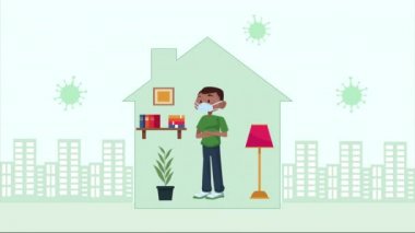 Evde kovid19 için tıbbi maske takan afro bir adam var.