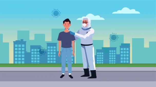 Працівник біобезпеки з контролем тесту на місто — стокове відео