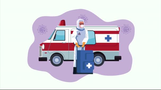 Biologická bezpečnost pracovnice s lékařským vybavením a ambulancí covid19 control — Stock video