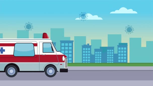 Krankenwagen mit Covid19 Partikeln auf der Stadt — Stockvideo