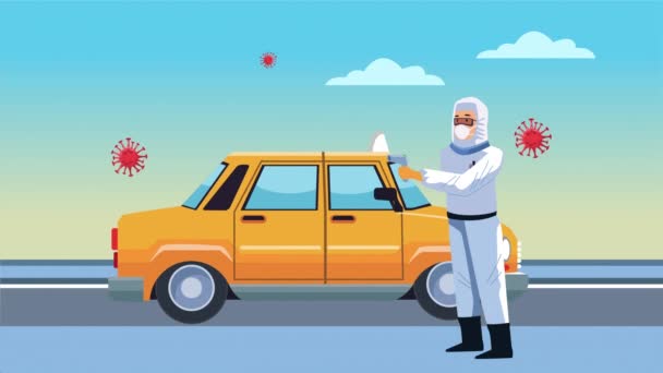 Biologická bezpečnost pracovníka s teploměrem a taxi covid19 řízení — Stock video