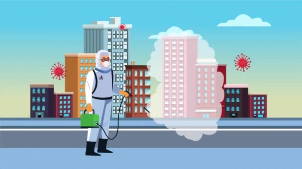 Biosafety worker with disinfection equipment for covid19 control on the city — Stock Video