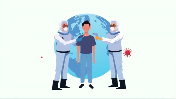 Biosafety workers with thermometer and patient in earth planet covid19 control — Stock Video
