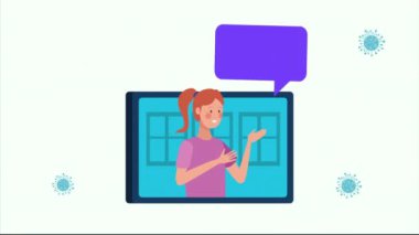 Tablette çalışan kadın covid19 için çevrimiçi bağlandı