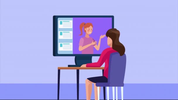 Masaüstünde çalışan iş kadınları covid19 için çevrimiçi bağlantıya geçtiler — Stok video