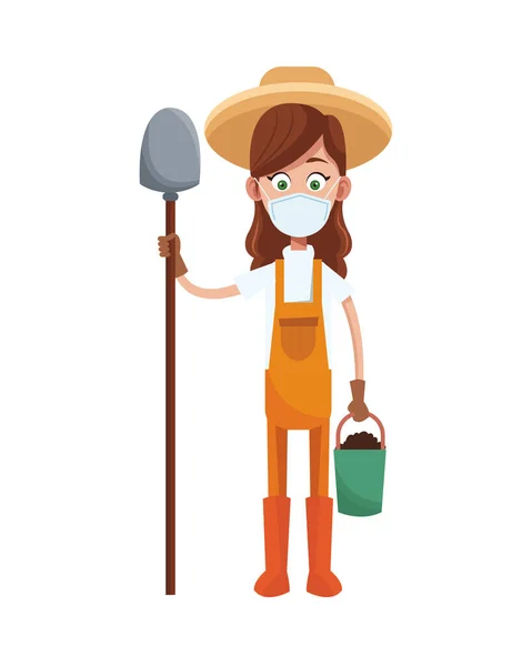Женщина-фермер в медицинской маске с характером лопаты — стоковый вектор