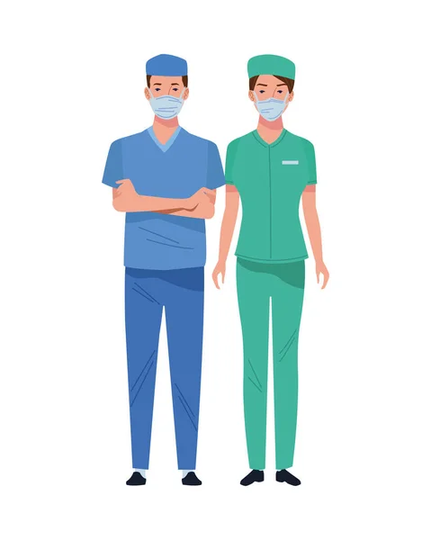 Cirurgiões casal usando máscaras médicas personagens — Vetor de Stock