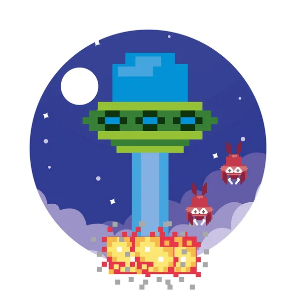 UFO fırlatıcı uzay sahnesinde 8 bit piksellendi — Stok Vektör