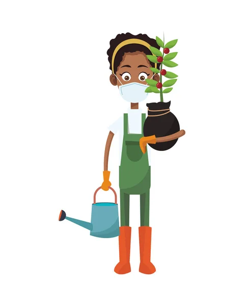 Agricultora afro vistiendo máscara médica con planta de interior y aspersor — Vector de stock