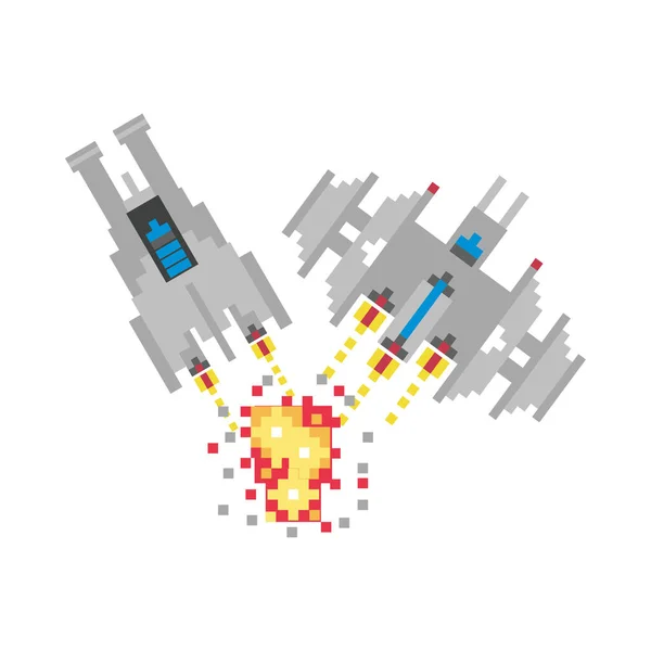 Space ships fighting 8 bits pixelated icon — Stock Vector