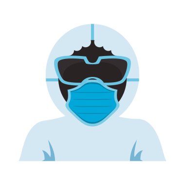 Tıbbi maskeli ve koruyucu aksesuarlı biyo-güvenlik kıyafeti.