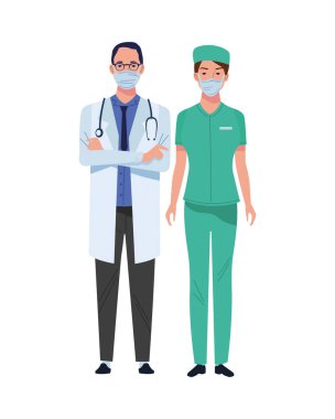 Tıbbi maske takan çift doktor ve cerrah