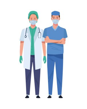 Erkek doktor ve cerrah tıbbi maske takıyor.