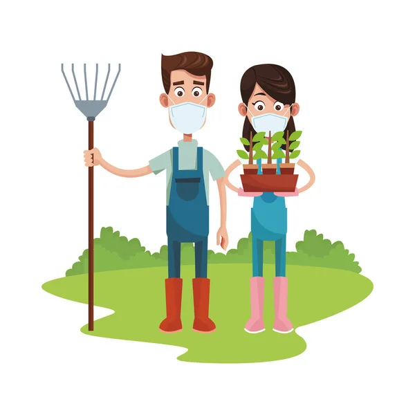 戴口罩、头戴耙、头戴家居用品的农民夫妇 — 图库矢量图片