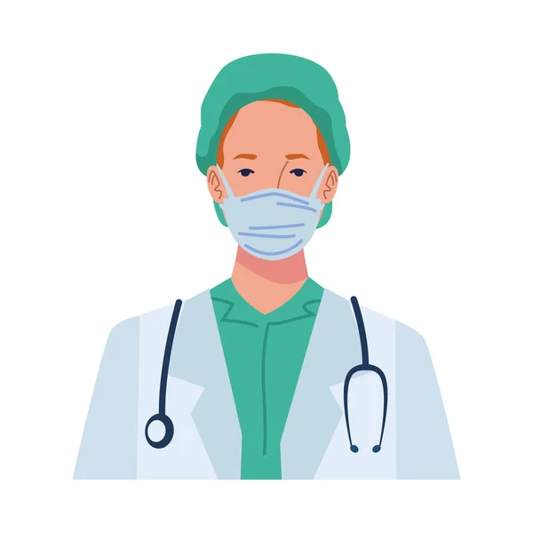 Doctora con máscara médica y estetoscopio — Vector de stock