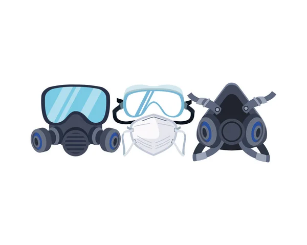 Máscaras de biossegurança ícones de equipamentos de proteção — Vetor de Stock