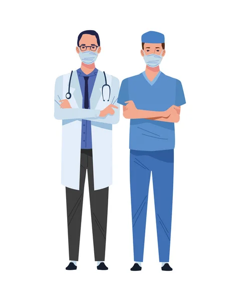 Médico masculino e cirurgião vestindo personagens máscaras médicas — Vetor de Stock
