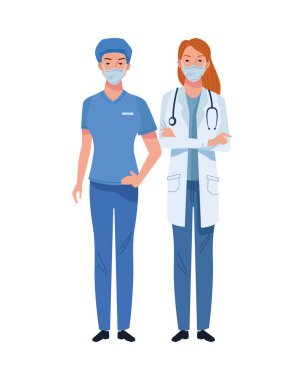 Kadın doktor ve cerrah tıbbi maske takıyor.