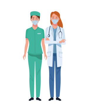 Kadın doktor ve cerrah tıbbi maske takıyor.