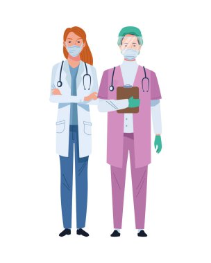 Kadın doktor ve cerrah tıbbi maske takıyor.