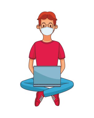 Laptop karakterini kullanarak tıbbi maske takan genç adam.