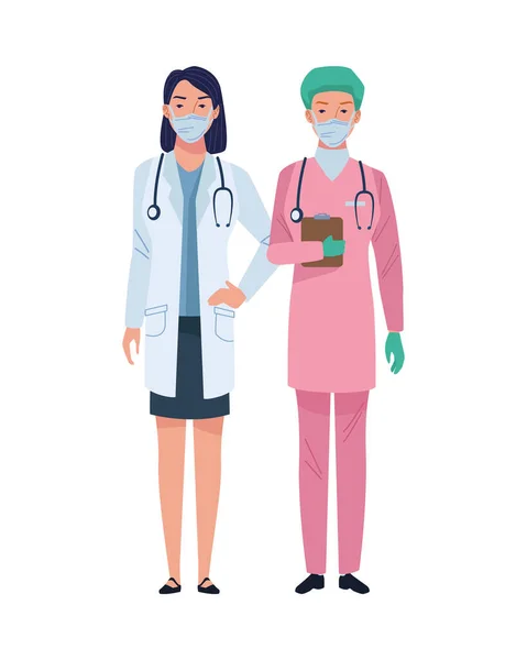 Médico feminino e cirurgião vestindo personagens máscaras médicas — Vetor de Stock