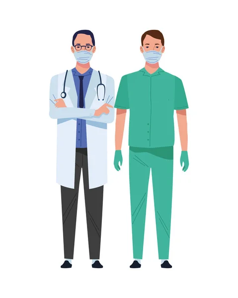 Médico masculino e cirurgião vestindo personagens máscaras médicas —  Vetores de Stock