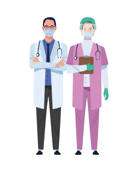 Couple doctor and surgeon wearing medical masks characters — Stock Vector