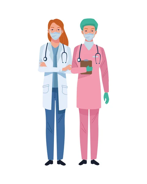 Femme médecin et chirurgien portant des masques médicaux personnages — Image vectorielle
