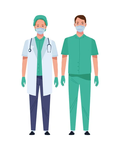 Male doctor and surgeon wearing medical masks characters — Stock Vector