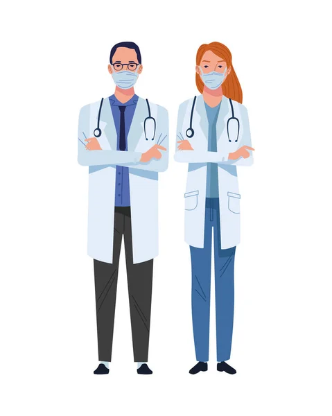 Pareja de médicos con máscaras médicas personajes — Vector de stock