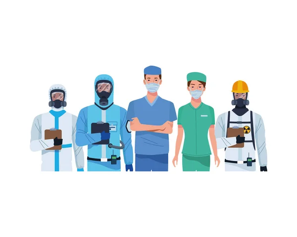 Tıbbi maske takan ve biyo-sosyal kıyafet giyen doktorlar. — Stok Vektör