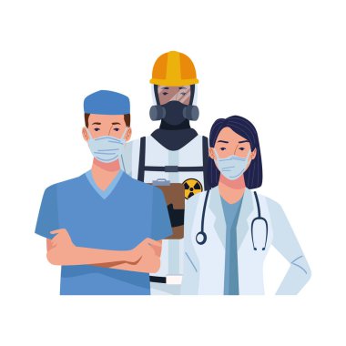 Tıbbi maske takan ve biyo-sosyal kıyafet giyen doktorlar.