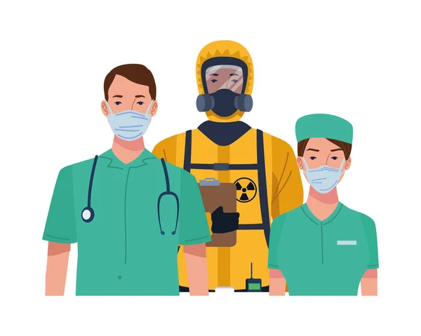 Tıbbi maske takan ve biyo-sosyal kıyafet giyen doktorlar. — Stok Vektör
