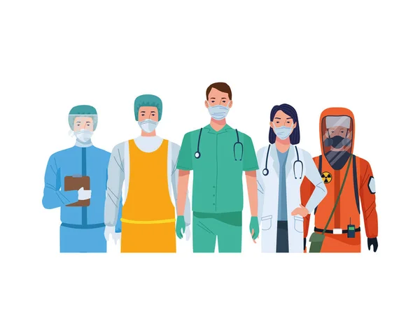 의료용 마스크와 생물 안전용 수트를 입고 있는 의사들 — 스톡 벡터