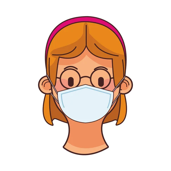 Young woman wearing medical mask head character — Stock Vector